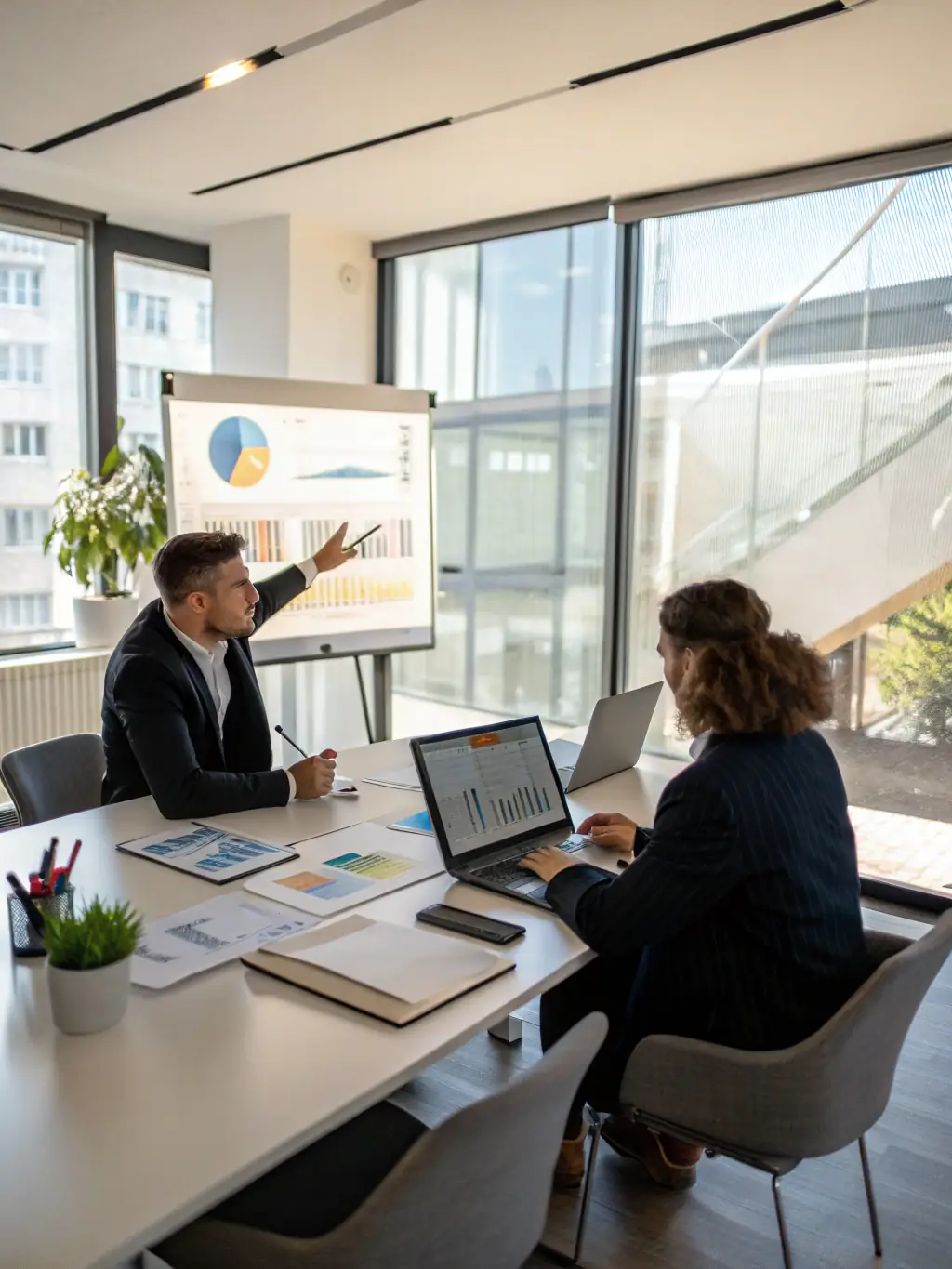 A professional business coach facilitating a leadership development workshop, guiding participants through strategic planning exercises in a modern office setting.