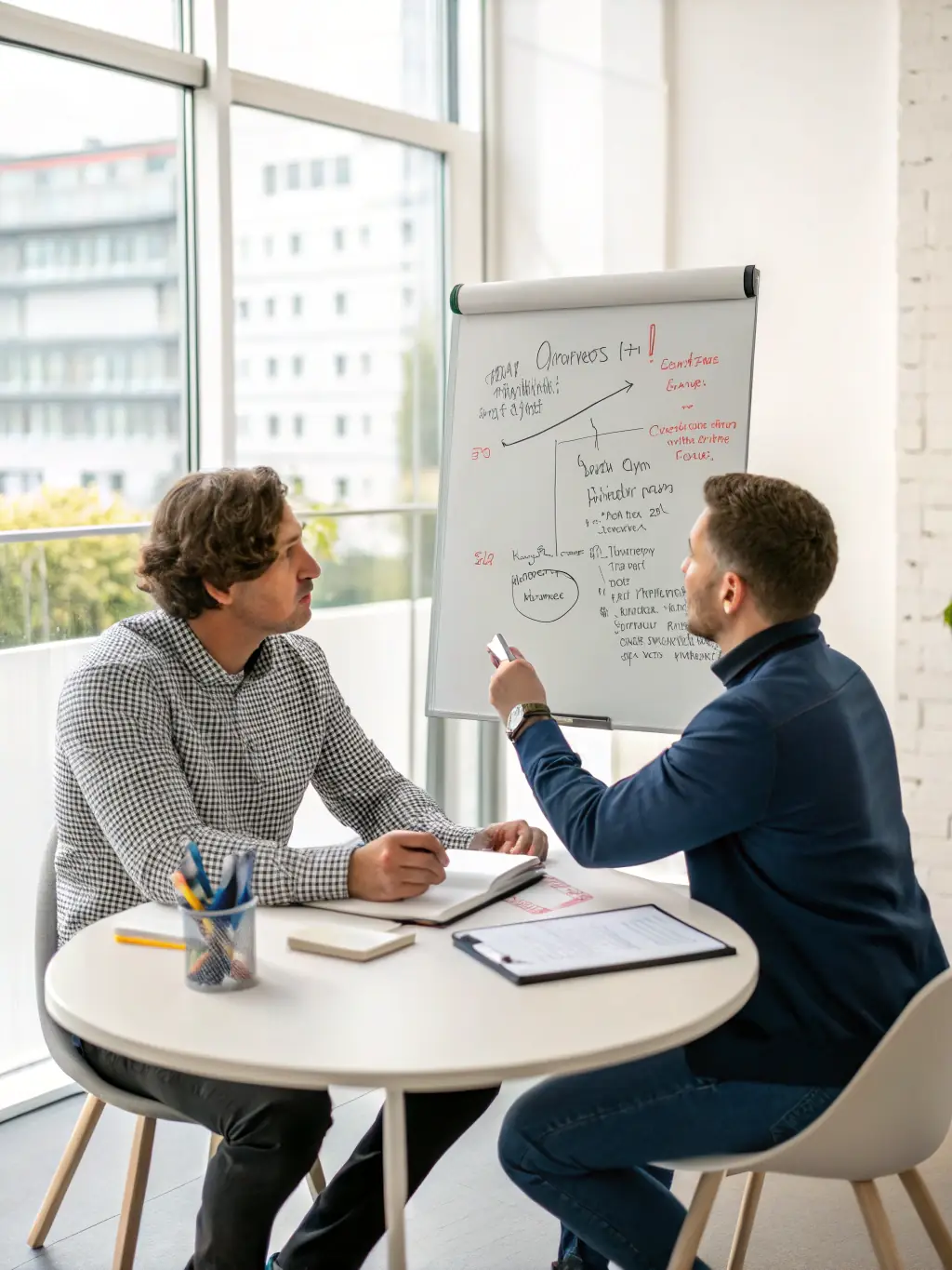 A coach and client in a one-on-one coaching session, discussing goals and strategies in a modern office setting.