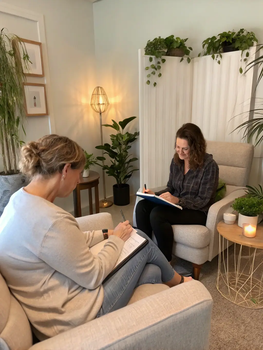 A business coach in a one-on-one coaching session, providing personalized guidance and support to a client in a comfortable and professional environment.