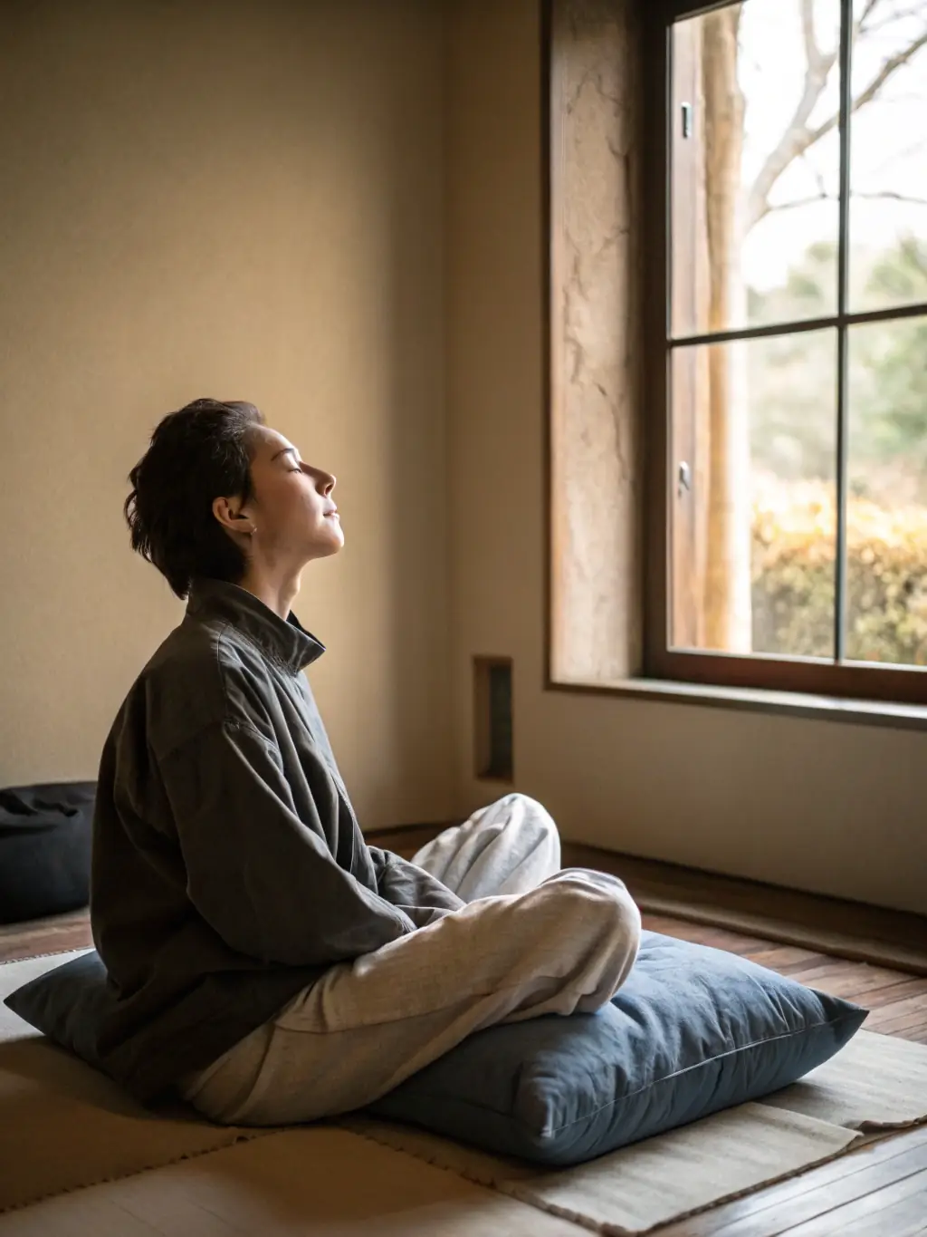 A person meditating in a bright, airy room, symbolizing mindset transformation and inner peace.