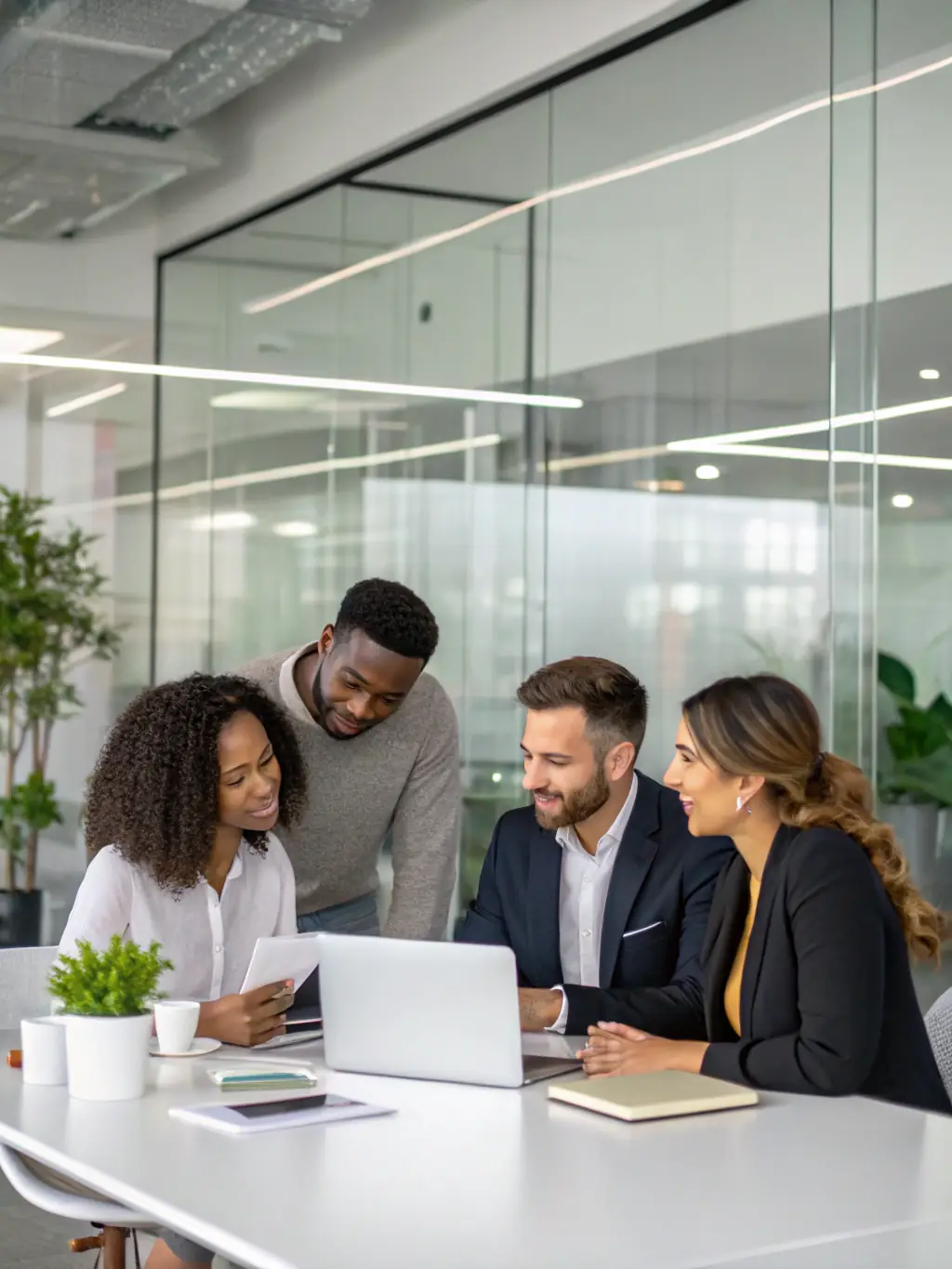 A diverse team collaborating on a project, symbolizing teamwork and professional growth.
